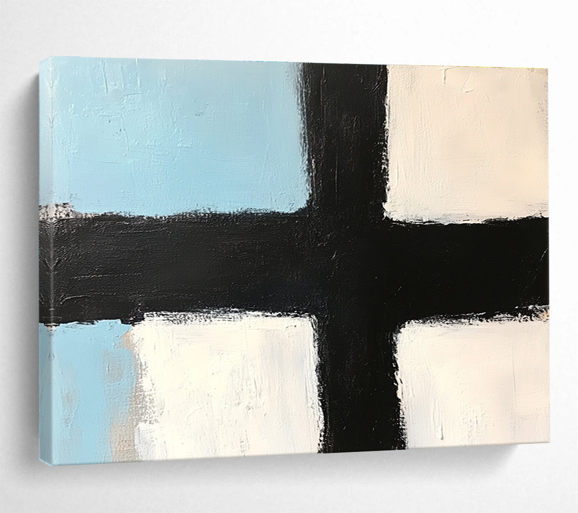 Blue White Black Geometric Abstract Painting with Clean Lines DYP309