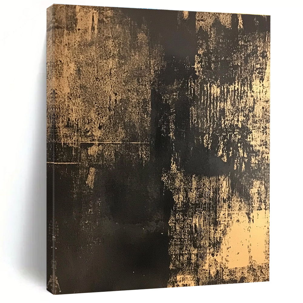 Abstract painting in black and gold on distressed dark brown canvas showcasing intricate details and subtle patterns reminiscent of traditional Chinese art.STSC855