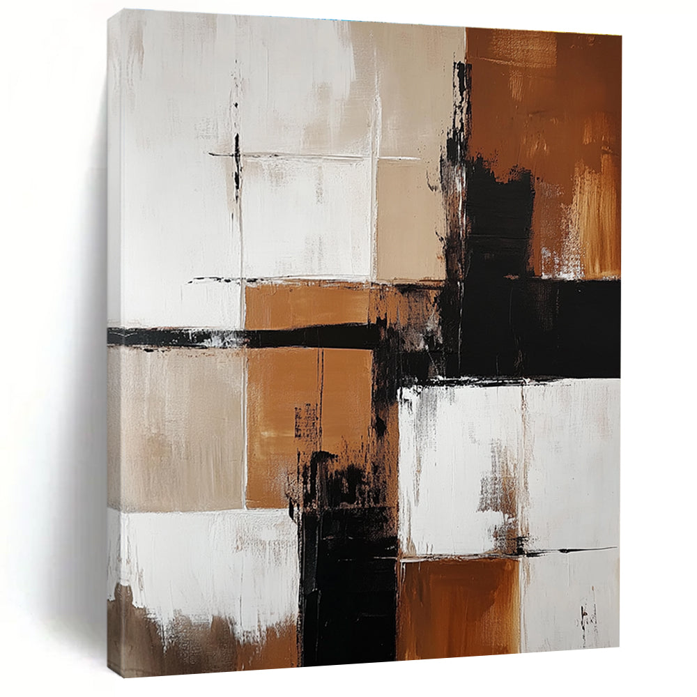 Abstract painting featuring brown and white color blocks with minimalistic black shapes enhancing each section creating a striking visual impact.STSC415