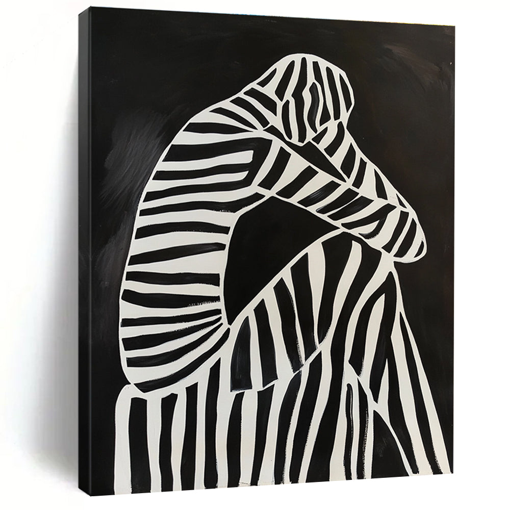 Abstract painting of a black and white figure on a striped chair featuring minimalistic lines and high contrast in a dark background.STSC1111