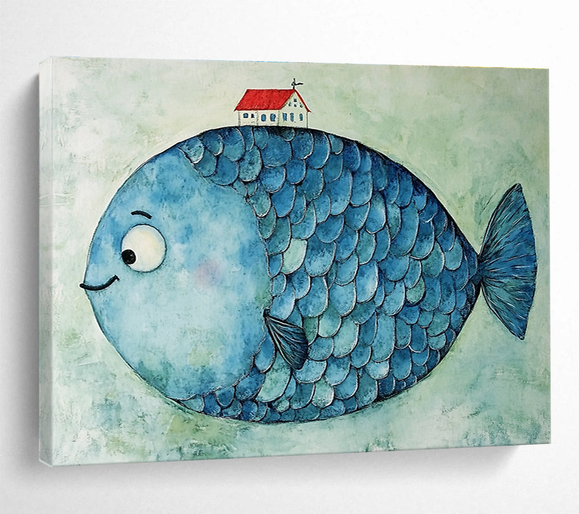 A large abstract blue fish with ripple-like scales and a small red house on its head against a light green textured background.SC478