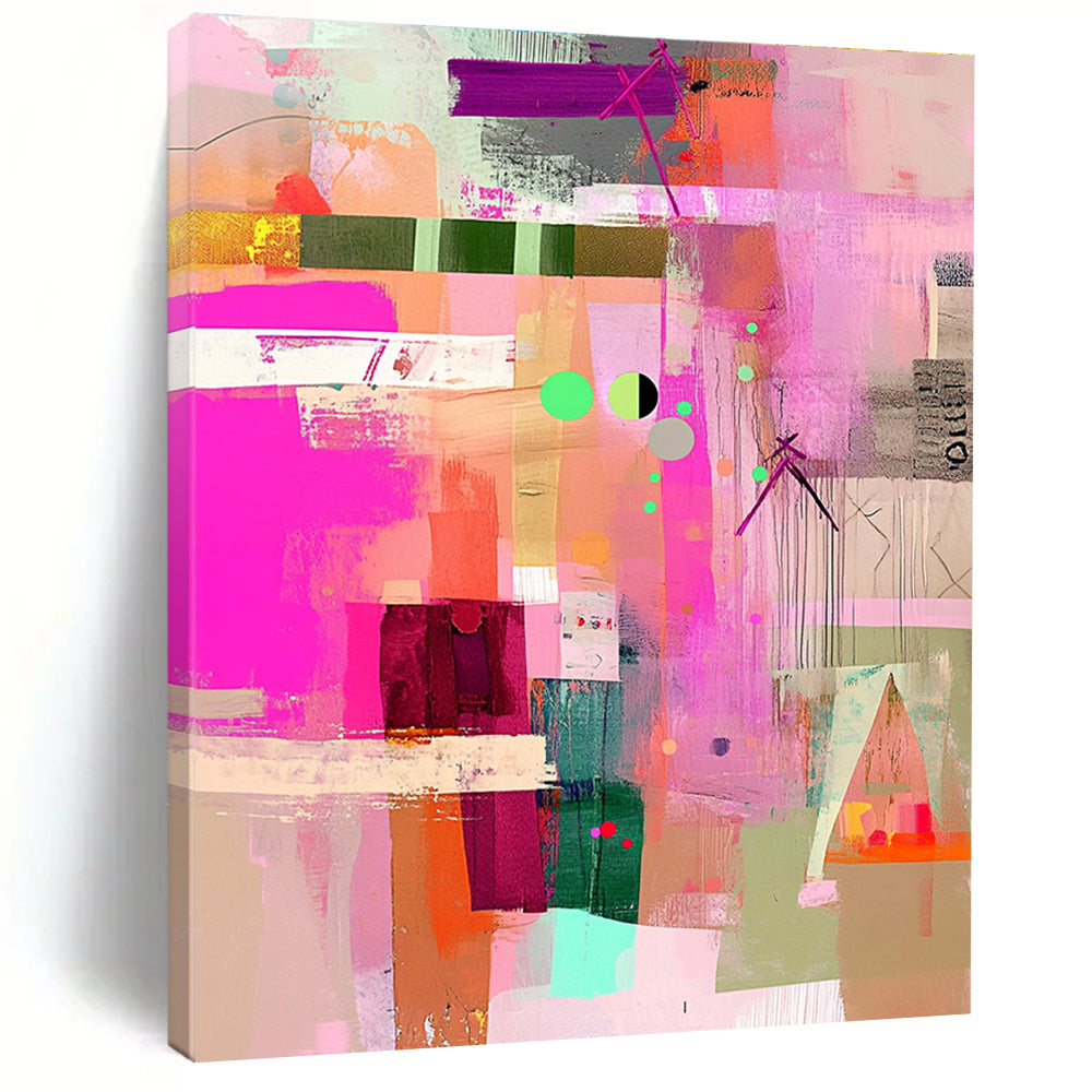Large abstract painting featuring pink green and beige with playful textures patterns and a whimsical vintage style.STSC786