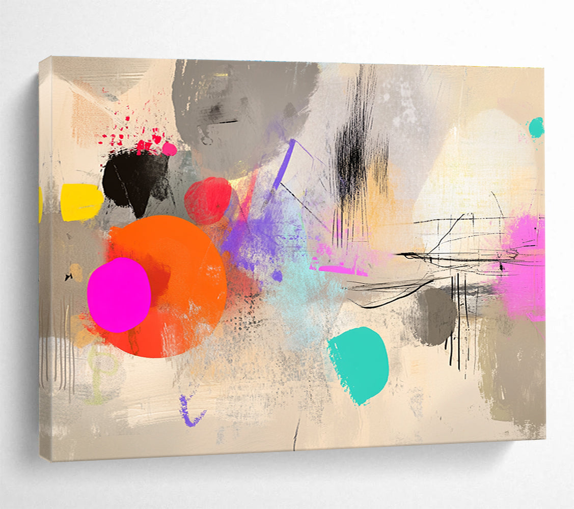 Large abstract artwork featuring digital collage with neutral tones, dynamic shapes, and vibrant colors, ideal for modern decor.SC042