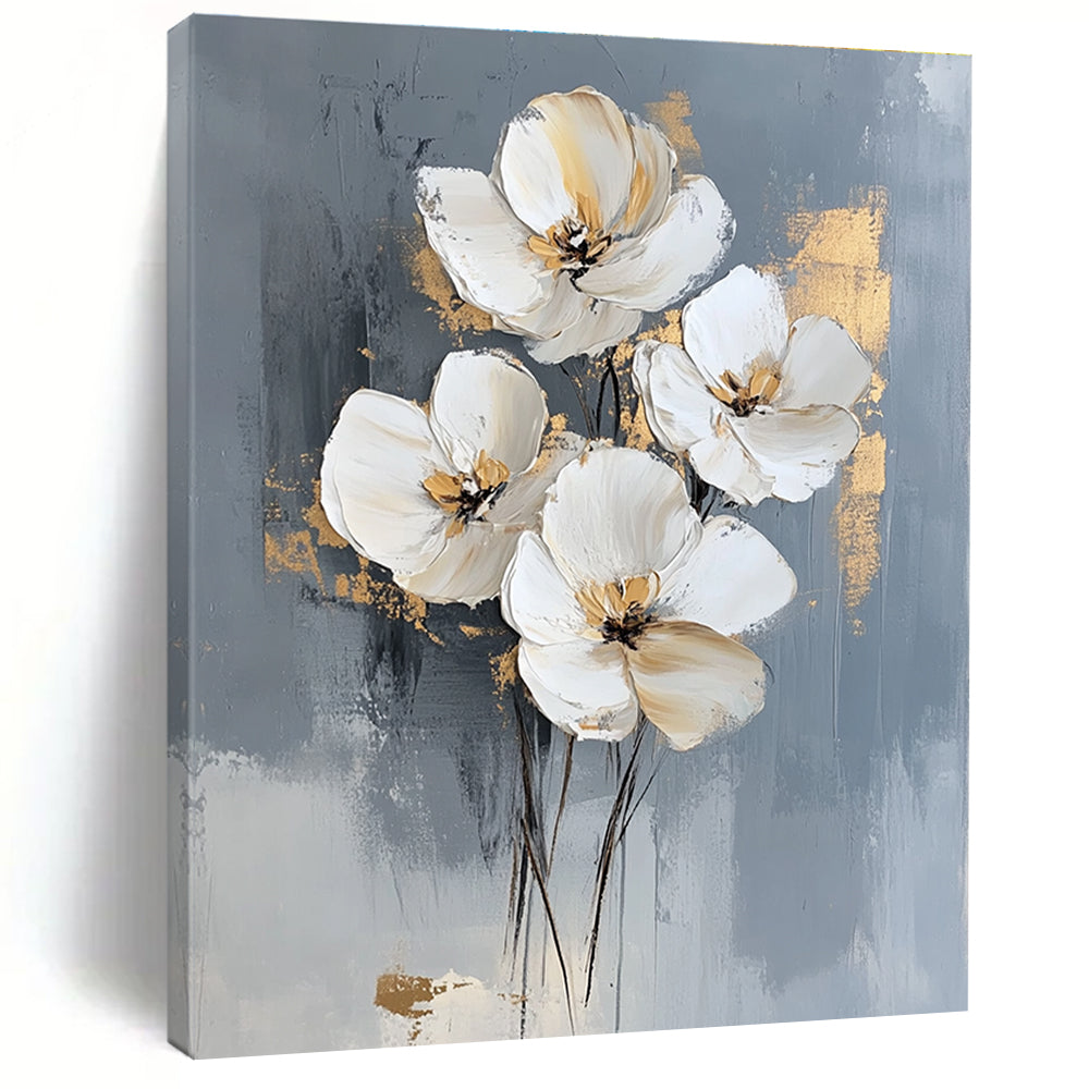 Large abstract oil painting featuring white flowers on a gray background with elegant gold accents for a stunning modern decor statement.STSC511