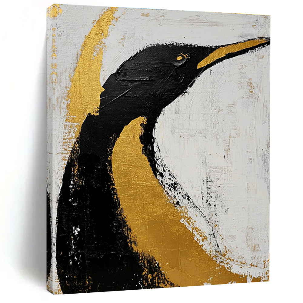 Large abstract art featuring a black and gold penguin on a white background with clean dark lines brush strokes and gold leaf accents.STSC010