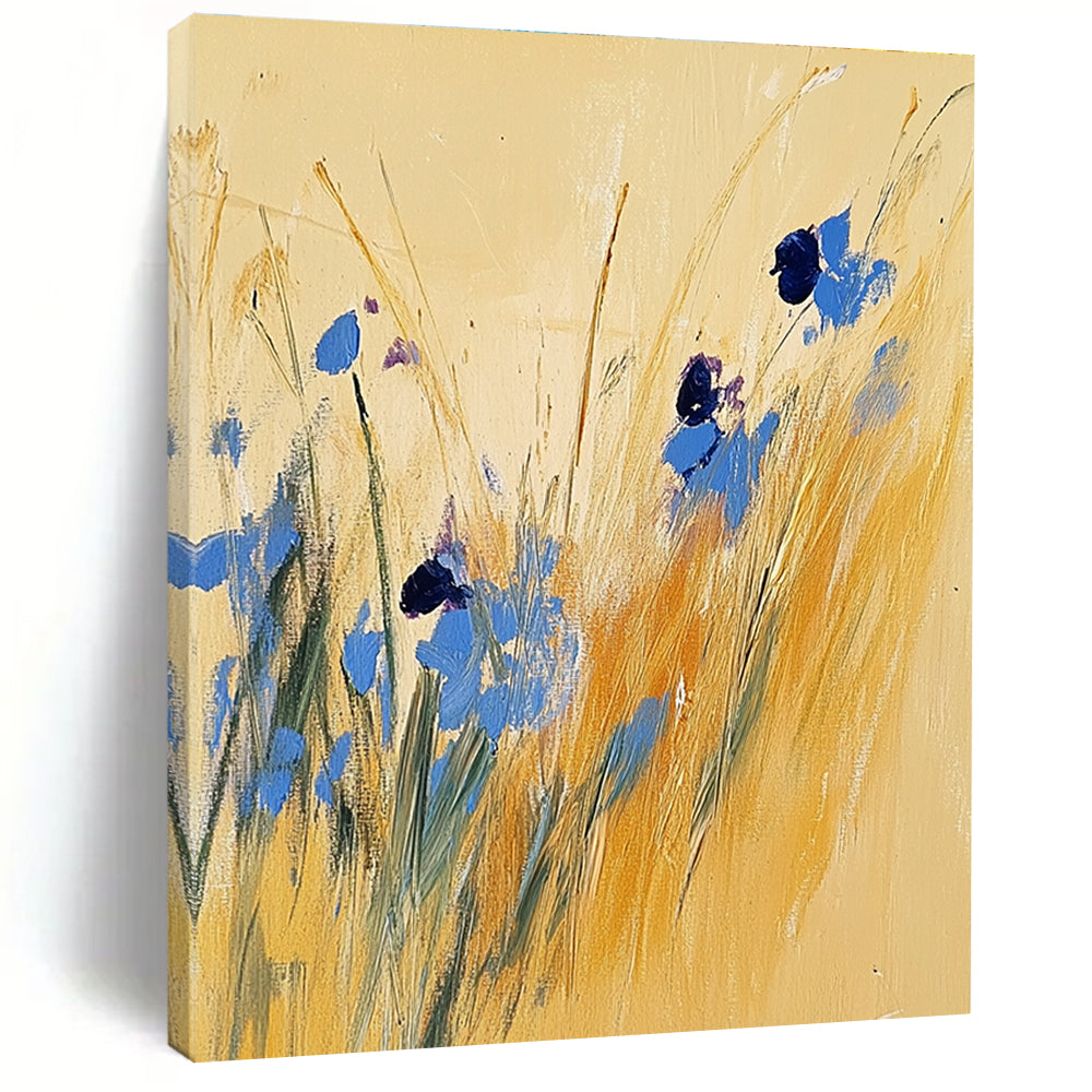 Large abstract painting of tall grass and blue wildflowers on a light yellow background inspired by Joseph Mallord William Turner.STSC336