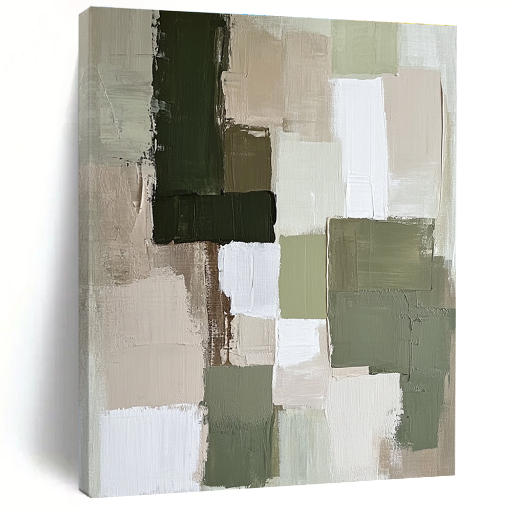 Large abstract painting featuring soft neutral tones like sage green and beige with dynamic textures and shapes that create a calm atmosphere.STSC767
