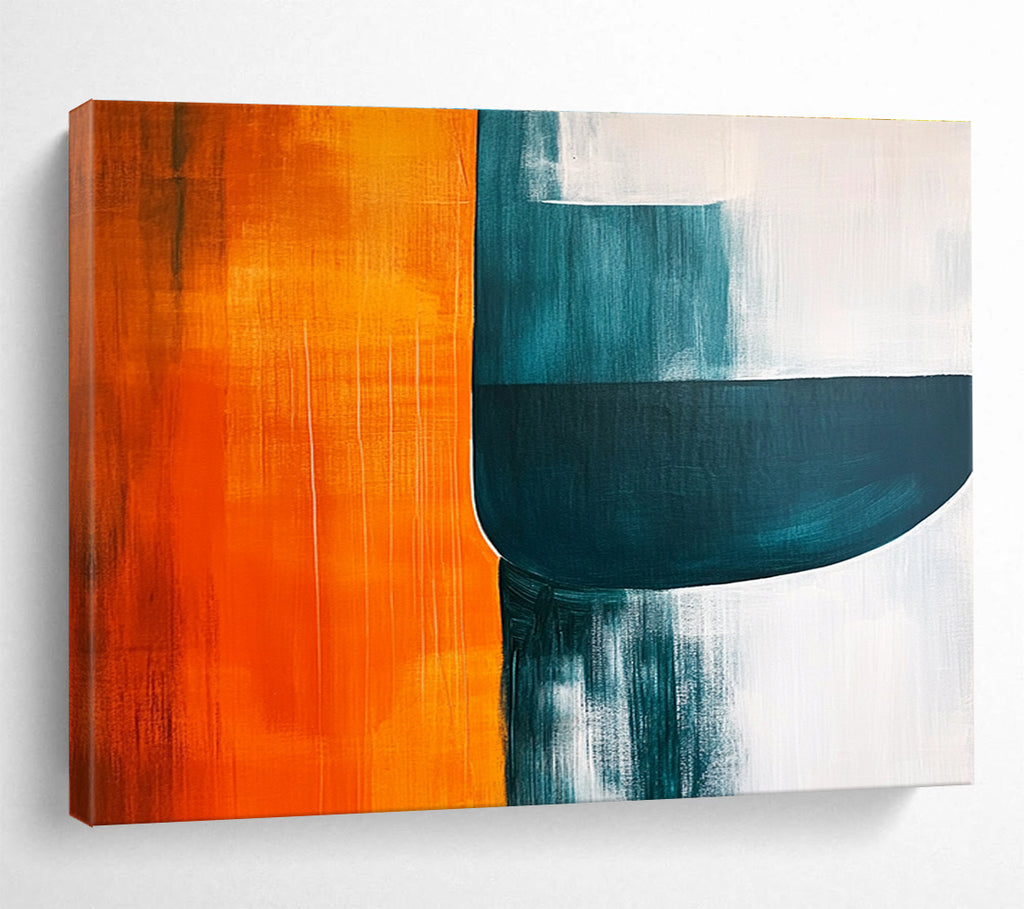 Large abstract painting featuring orange teal and grey shapes on a white background with negative space enhancing visual depth and minimalist style.SC249