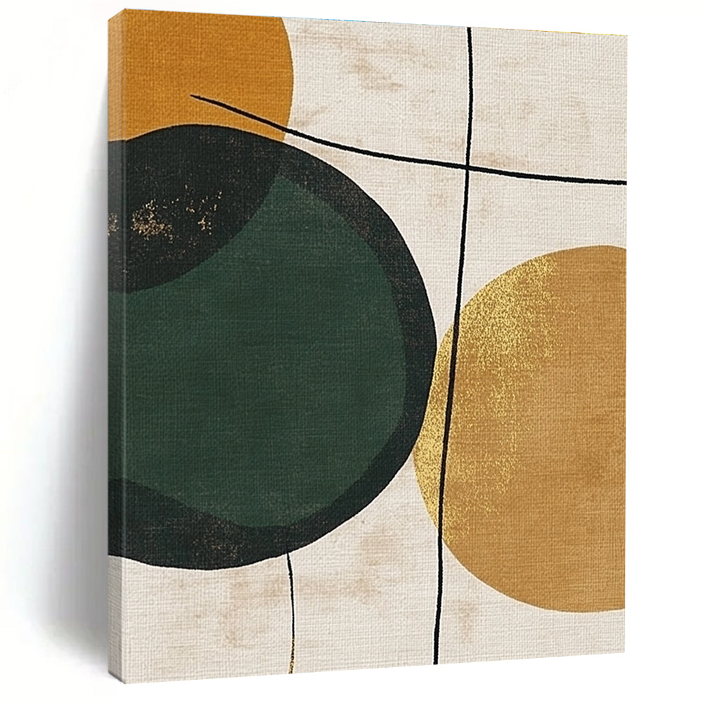 Large abstract painting featuring a green circle on a beige background with gold lines brown circles and minimalist black line drawings in organic forms.STSC467