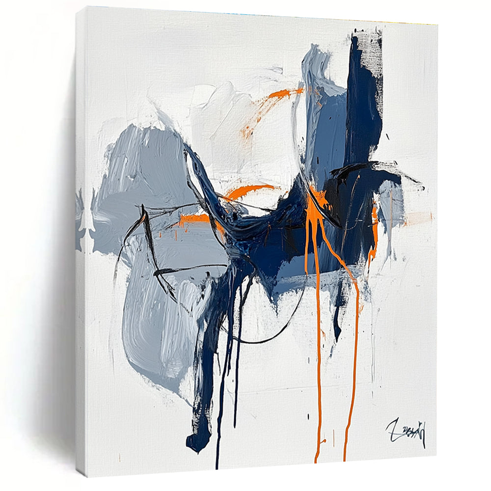 Large abstract painting featuring blue and orange lines draping organically with a black outline set against a white background in an expressionist style.STSC676