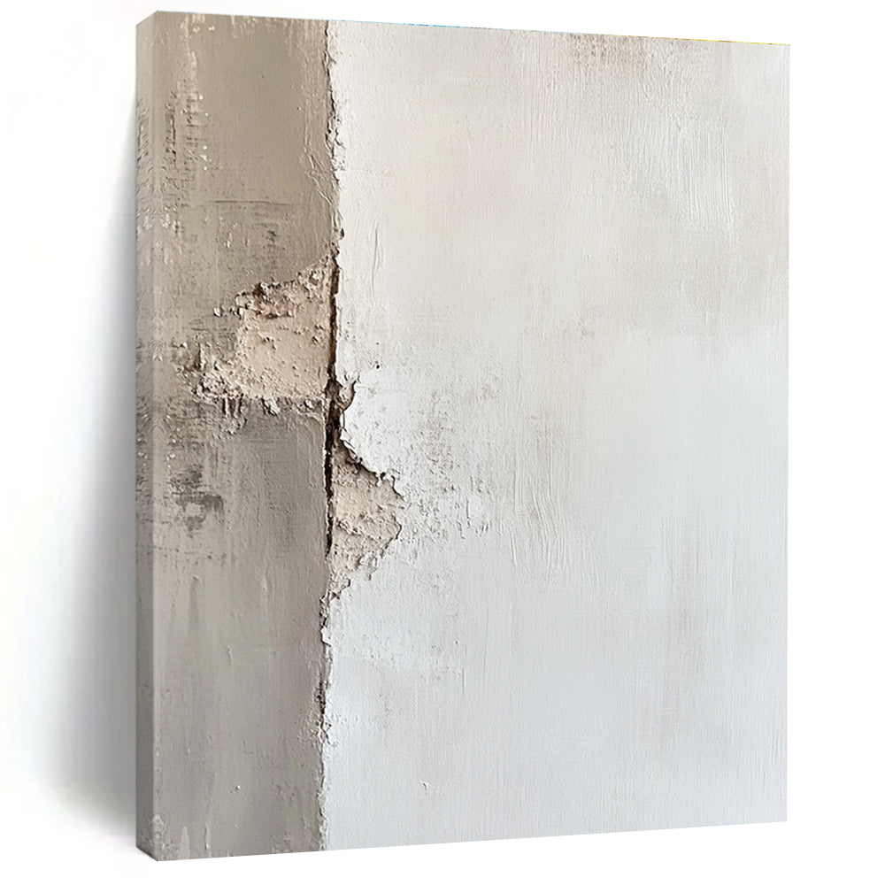 Large abstract painting of an off-white wall with textured brushwork showcasing peeling paint and soft edges in subtle tonal values.STSC653