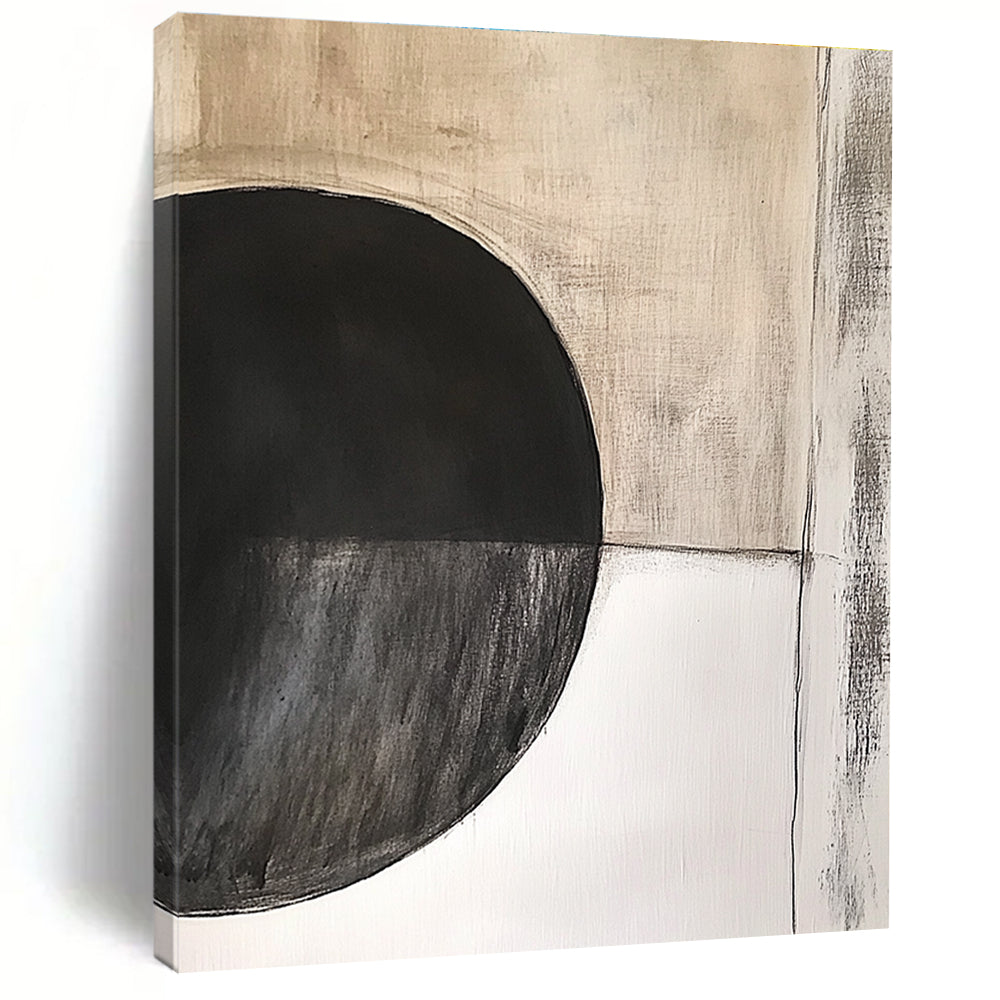 Large abstract painting featuring an oval black circle with dark grey texture on beige textured background by Peter Cresely.STSC664