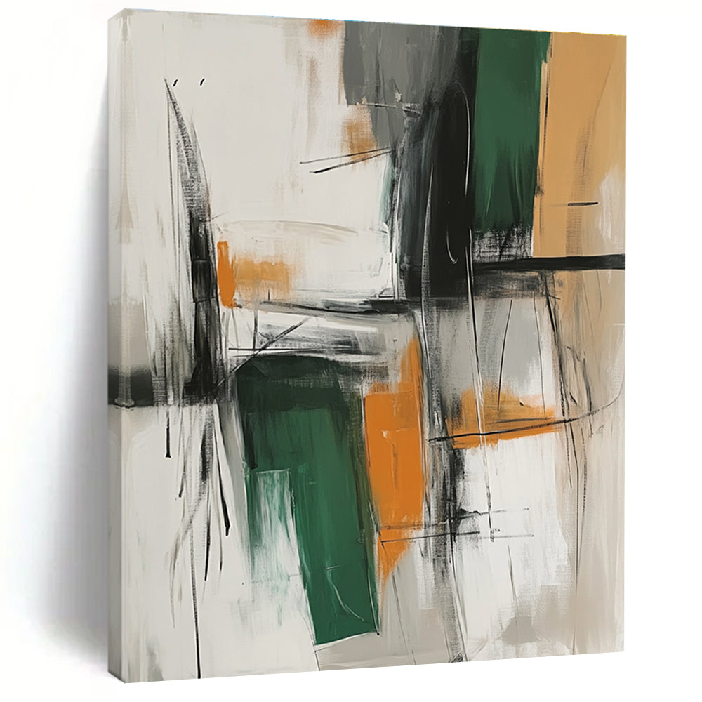 Green Orange Abstract Painting with Intersecting Lines GER817