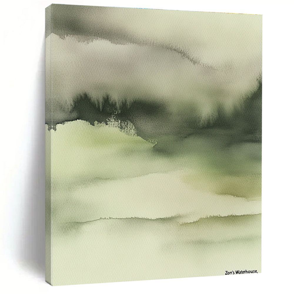 Large abstract painting in muted tones featuring soft dreamy colors and blurred edges with intricate details in ink wash style on a beige background.STSC068