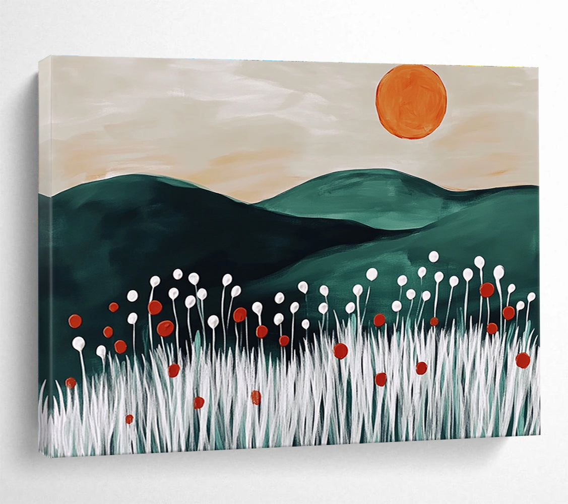 A large abstract painting featuring dark green hills white wheat stalks red flowers and an orange sun inspired by Matisse's minimalist style.SC465
