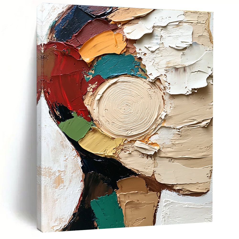 Large abstract painting featuring a textured close-up of a face in vibrant colors and dynamic brush strokes against a white circular patterned background.STSC283