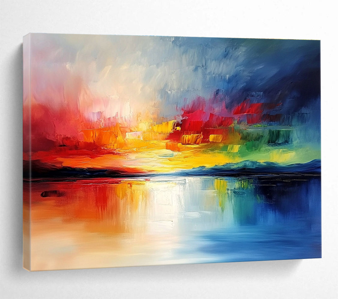 Large abstract painting featuring vibrant clouds and reflective water in rich colors creating a stunning visual impact through heavy texture and bold brushstrokes.SC076