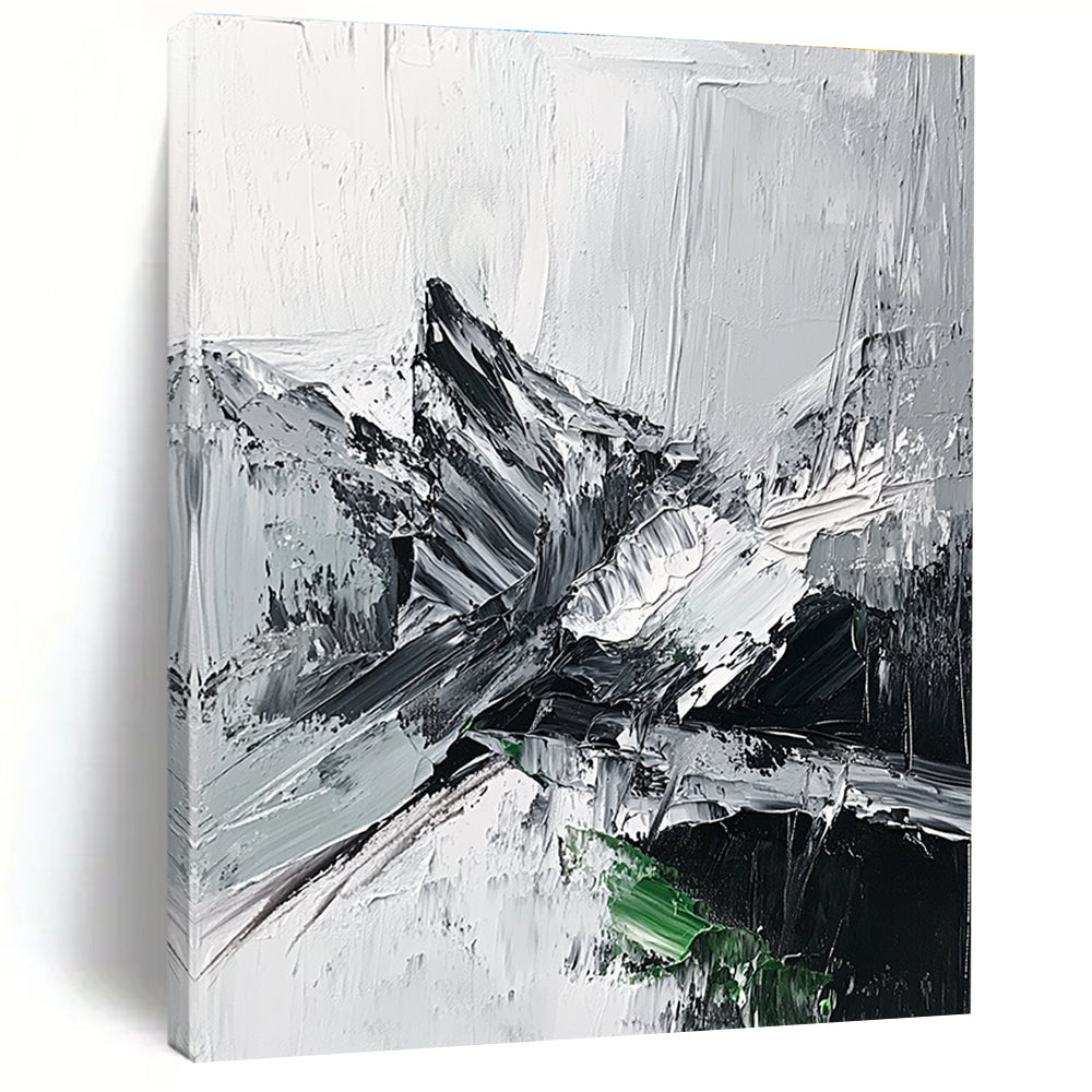 Large abstract painting featuring impasto technique with thick black and white strokes depicting a misty mountain range and a small patch of snow.STSC427