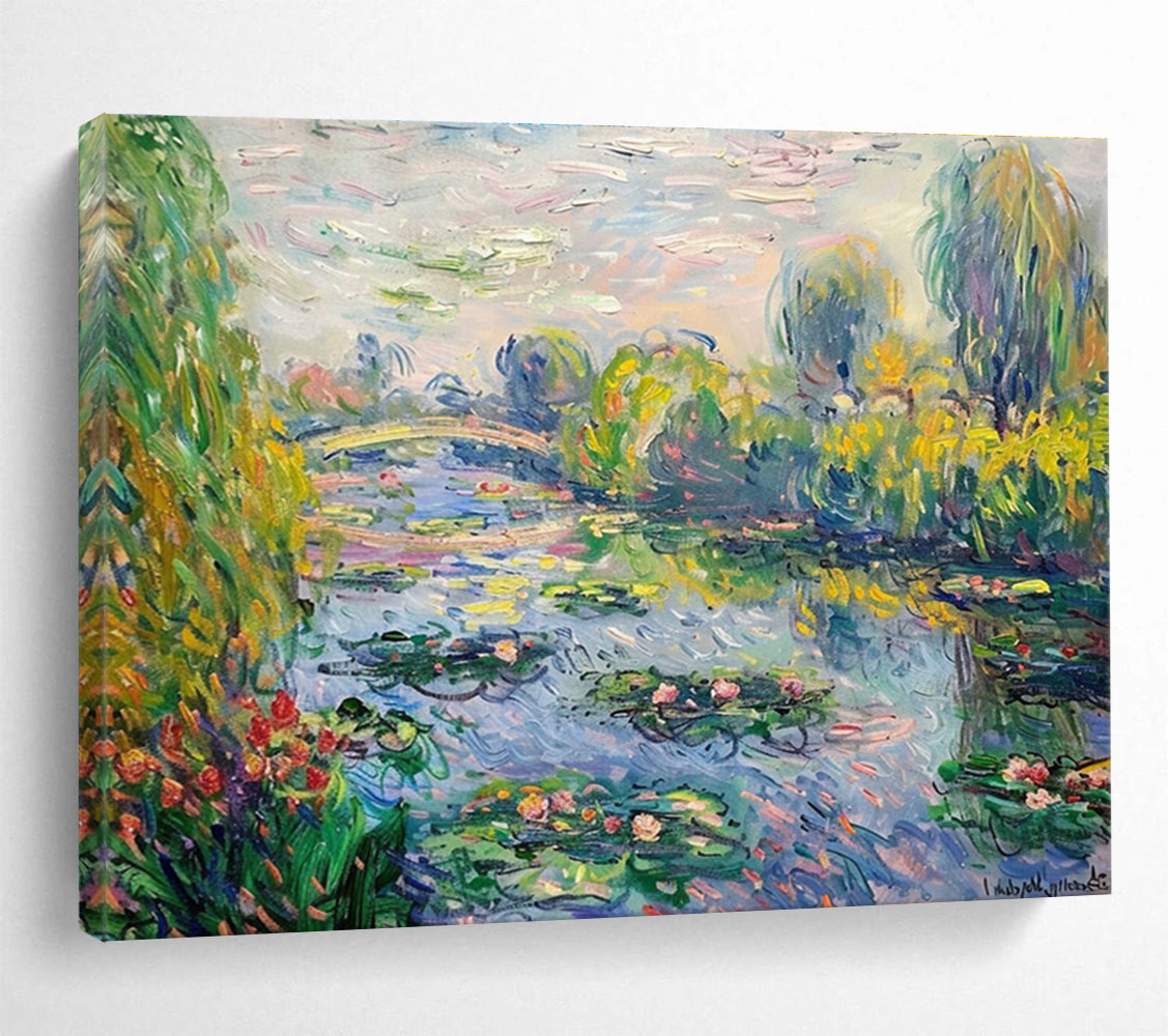 Water Lily Garden Abstract Painting with Green, Blue, and Pink Tones THY197