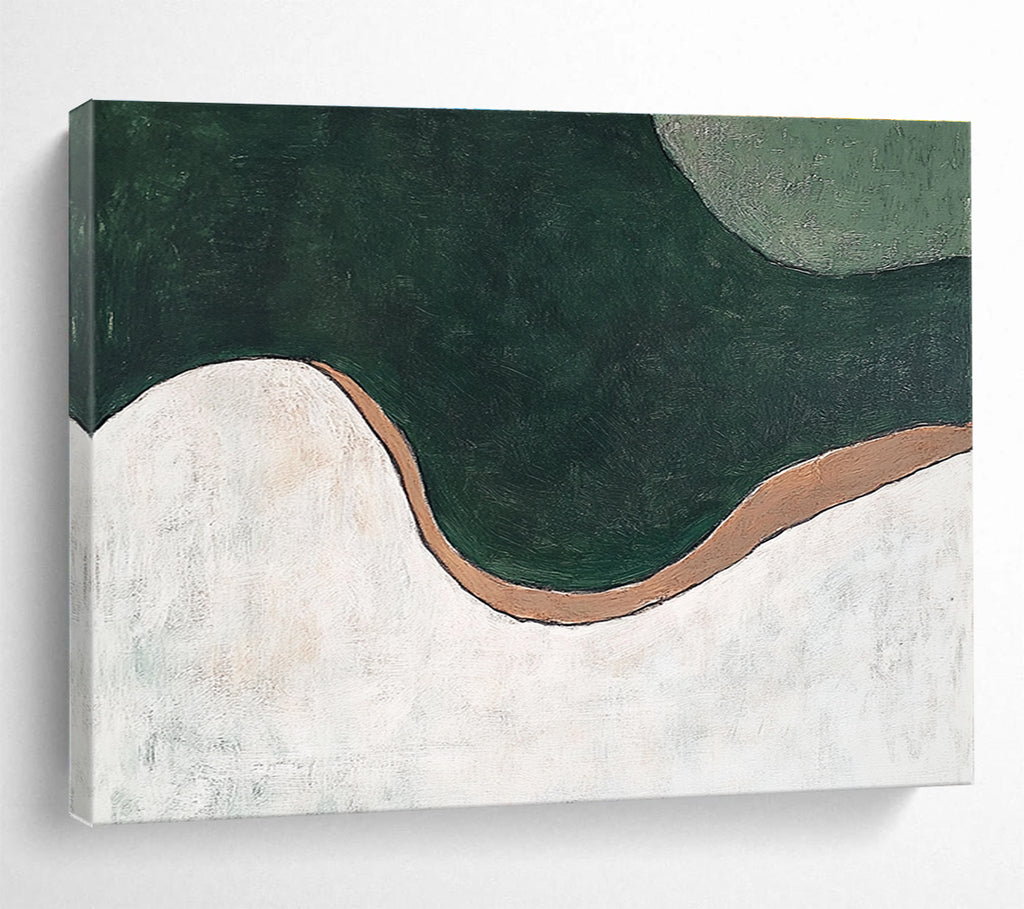 A large abstract painting featuring organic green and white curves, brown accents, resembling a river from an aerial view. Minimalistic design.SC532