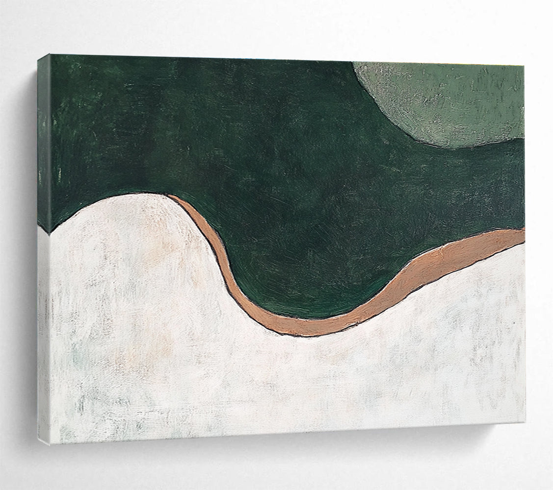 A large abstract painting featuring organic green and white curves, brown accents, resembling a river from an aerial view. Minimalistic design.SC532