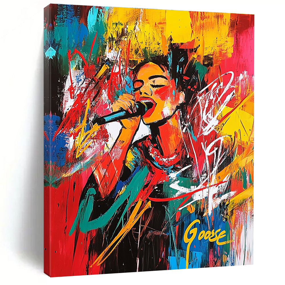 Large abstract painting of DJ Anna Kipreos at Christmas in Stung Treng with vibrant colors and energetic brush strokes creating a chaotic composition.STSC707