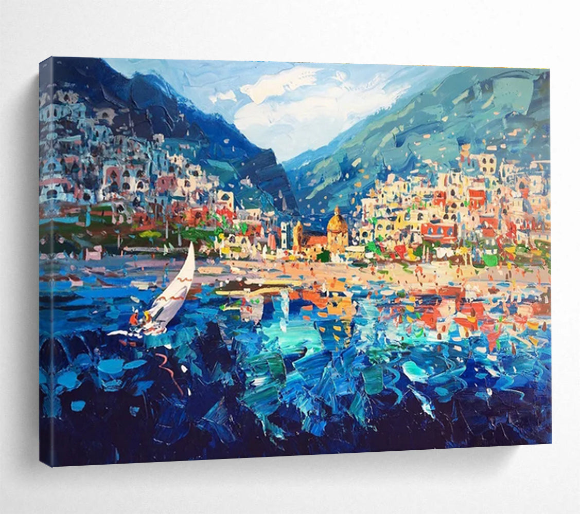 Coastal Town with Sailboat Abstract Painting THY439