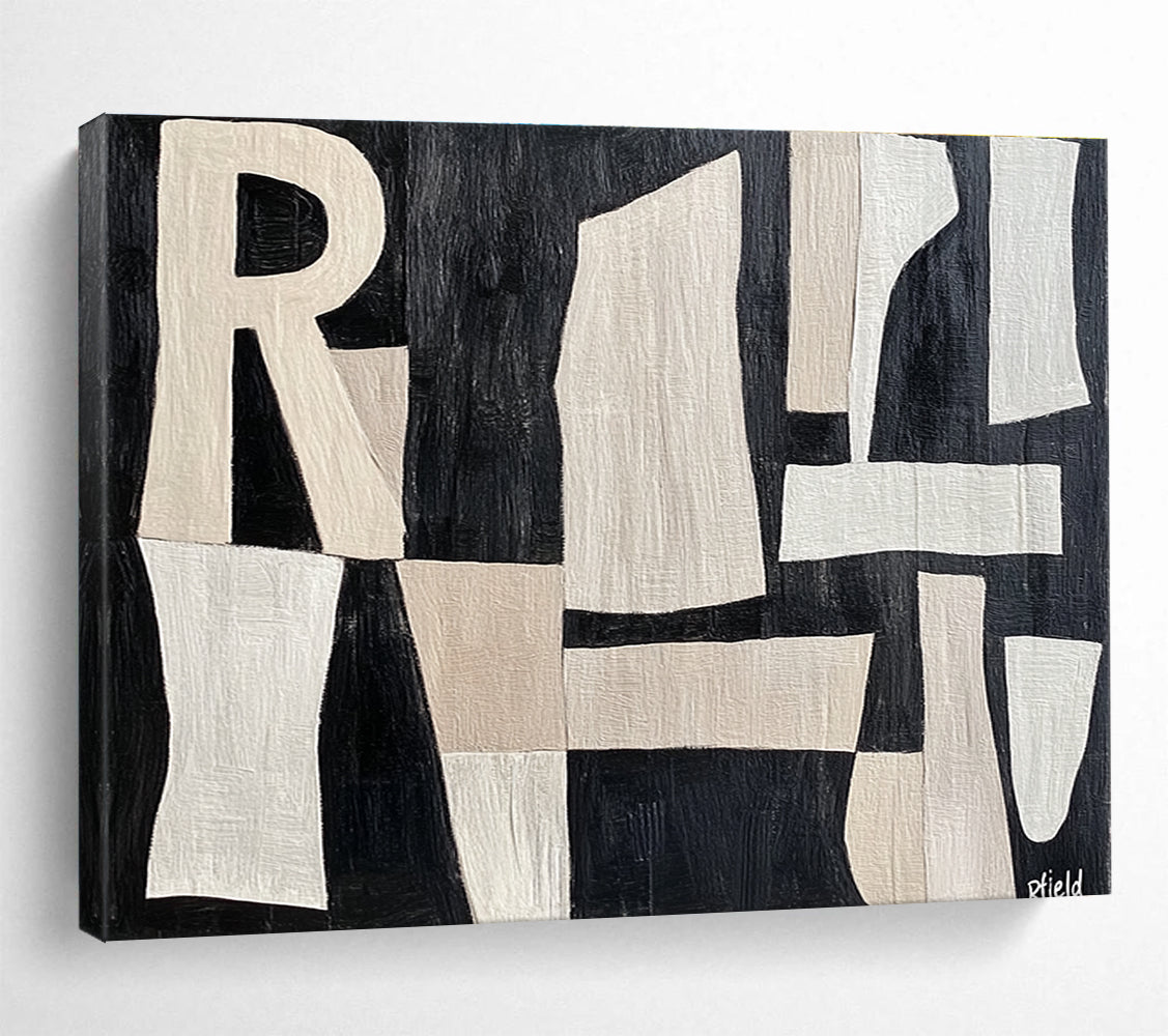 Large abstract painting featuring cut-paper style shapes with the word Rfield in a textured beige and white design on a dark grey background.SC427