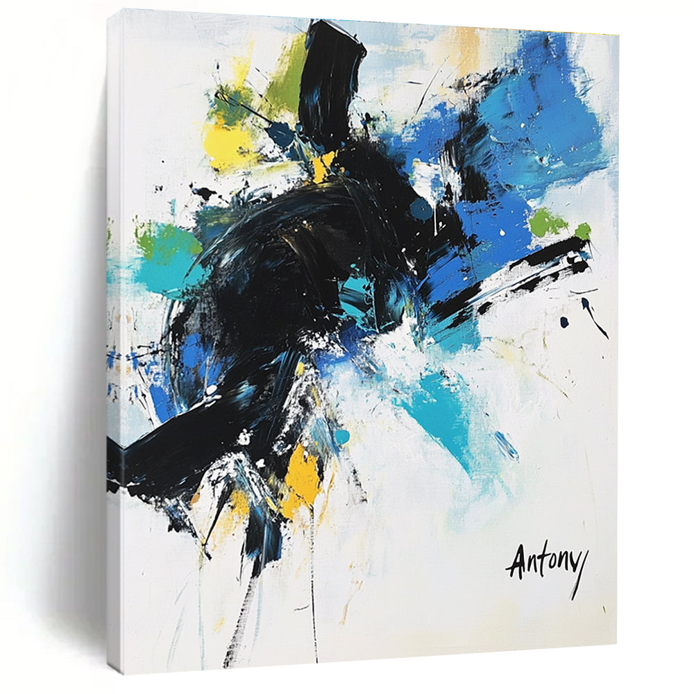 Abstract painting with black brush strokes and blue green yellow accents featuring the name Antony in large letters against a white background.STSC038
