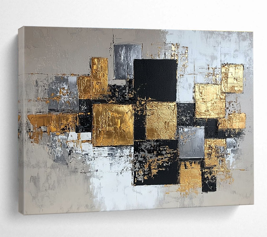 An abstract modern painting featuring elegant gold, silver, and gray squares on canvas, creating a sophisticated composition for any space.SC318