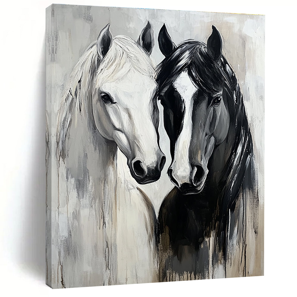 Abstract oil painting of black and white horses embracing with expressive brushstrokes and soft gray tones highlighting their fur texture and connection.STSC1388