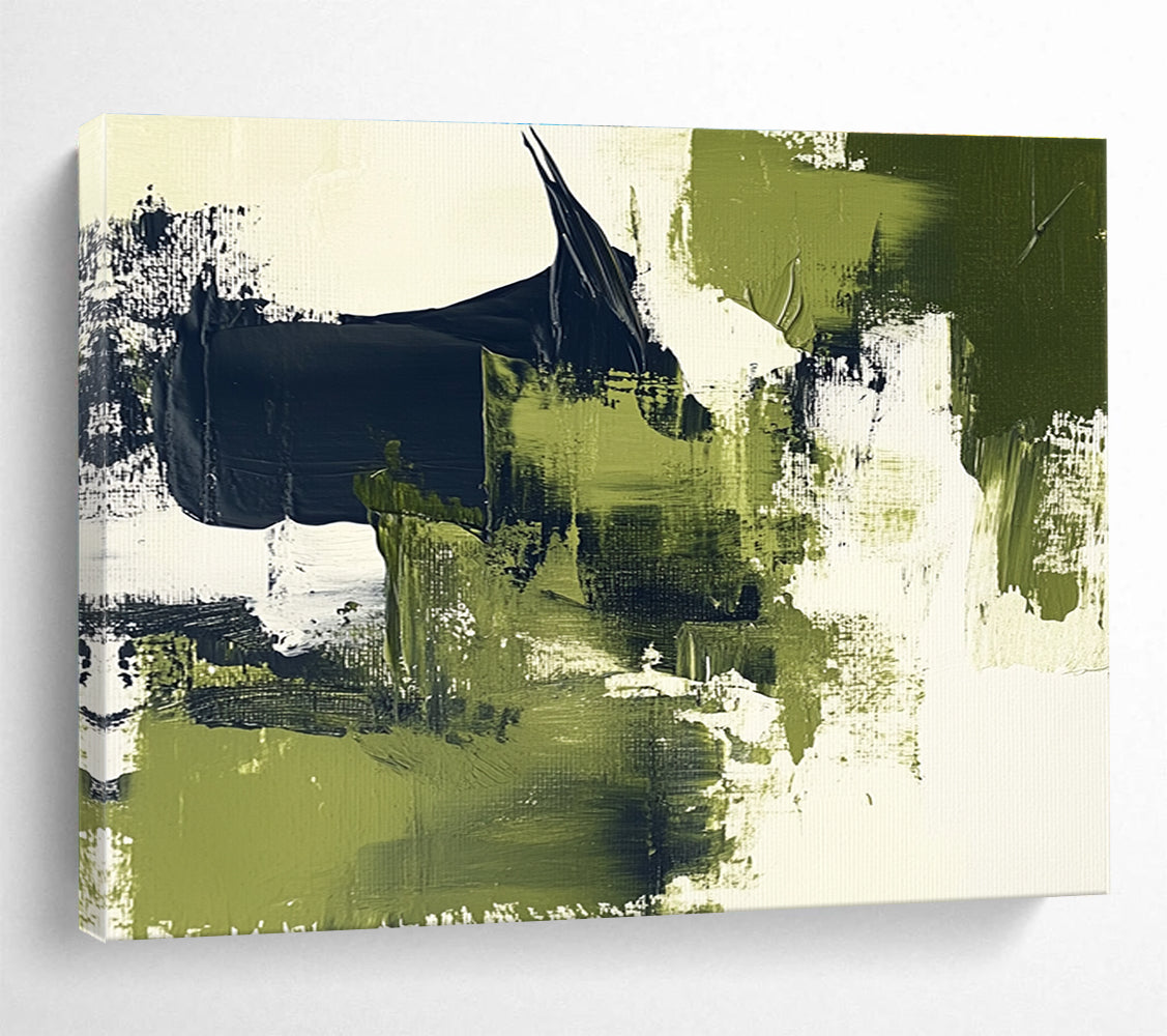 Green Black and White Abstract Painting with Textured Layers DYP407