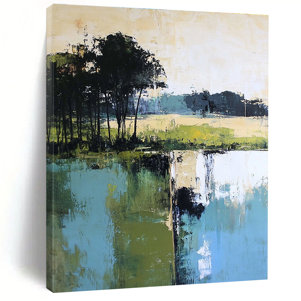 Large abstract painting featuring green blue and beige hues with distant trees foreground trees and green grass by the water.STSC098