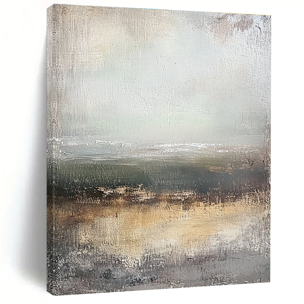 Large abstract painting depicting a coastal landscape with muted tones and vintage texture in a neutral color palette.STSC305