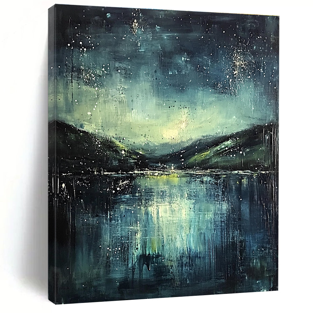 Abstract painting featuring a misty night sky with stars a serene lake and green hills in dark blue and teal hues.STSC294