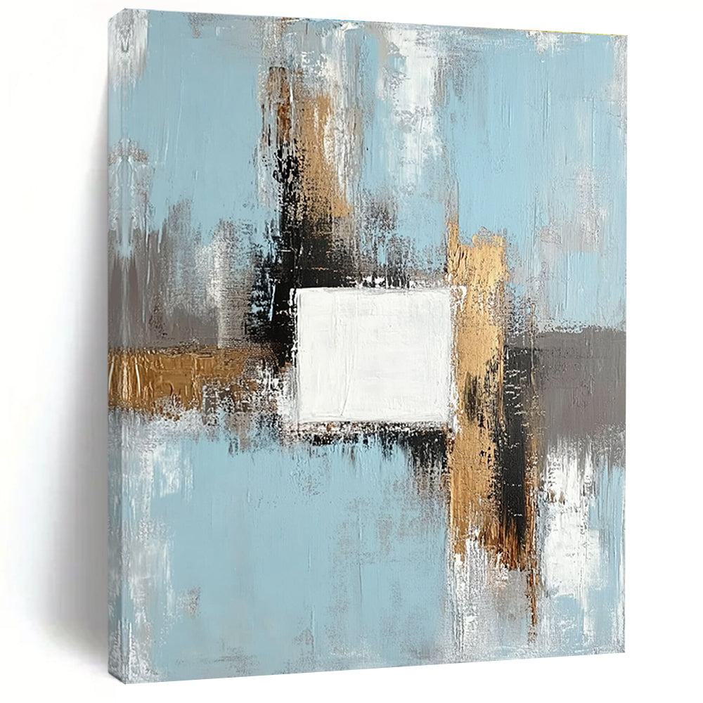 Light Blue Gold and Gray Abstract Painting with Geometric Forms GER555