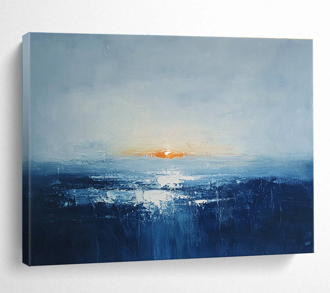 Abstract oil painting of an Irish landscape at sunrise featuring muted colors dark blue sea and an orange sun peeking over a grey skySC106