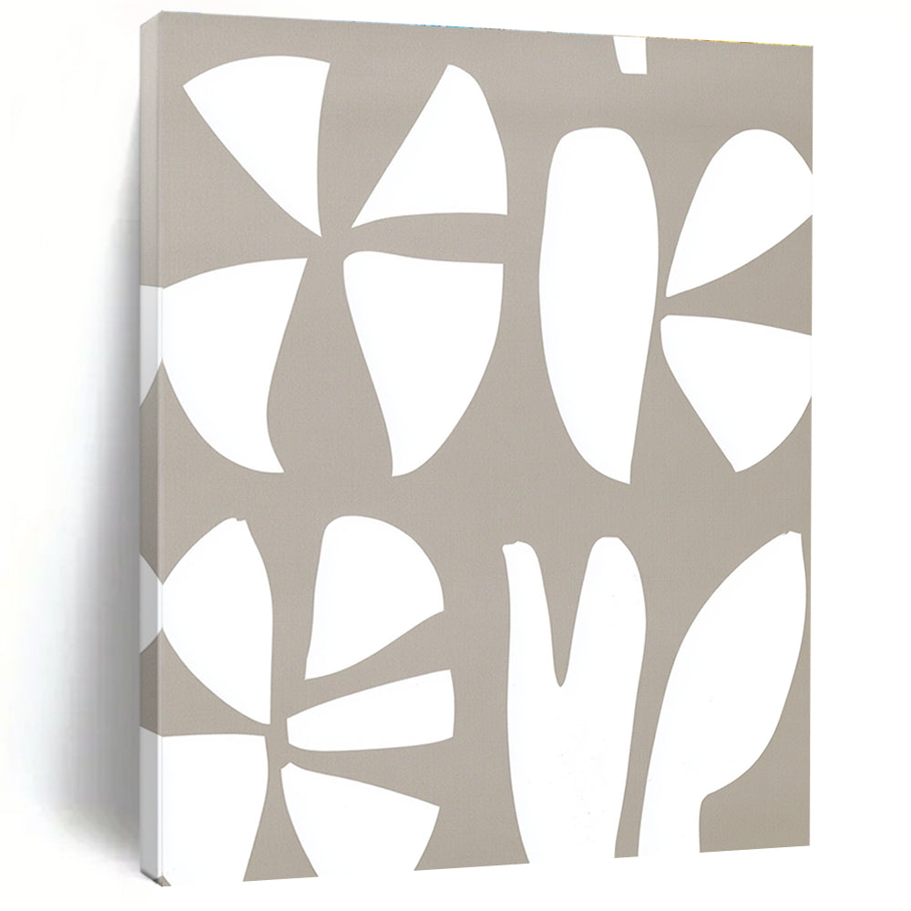 Large abstract painting featuring a white and gray pattern of the number three and two large flowers on a light brown background.STSC1240
