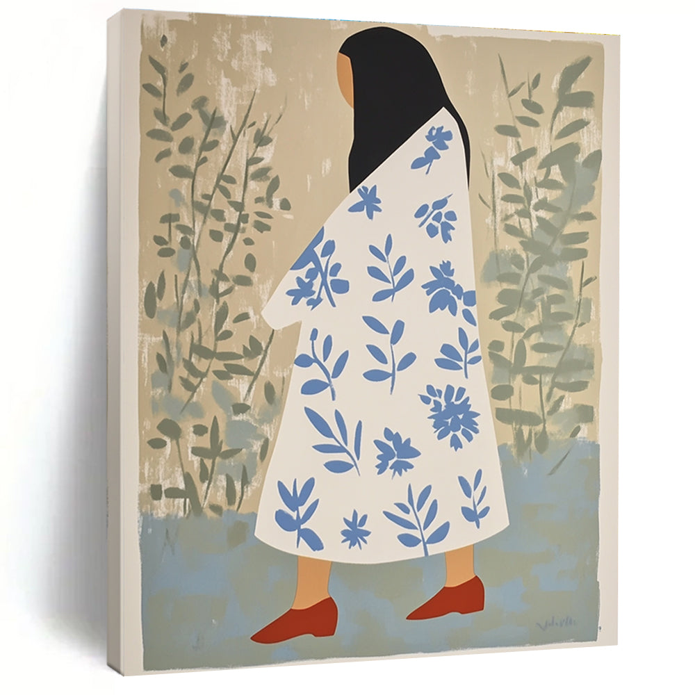 Abstract artwork featuring a woman in a floral robe with red shoes and long black hair against a beige and green background.STSC1260