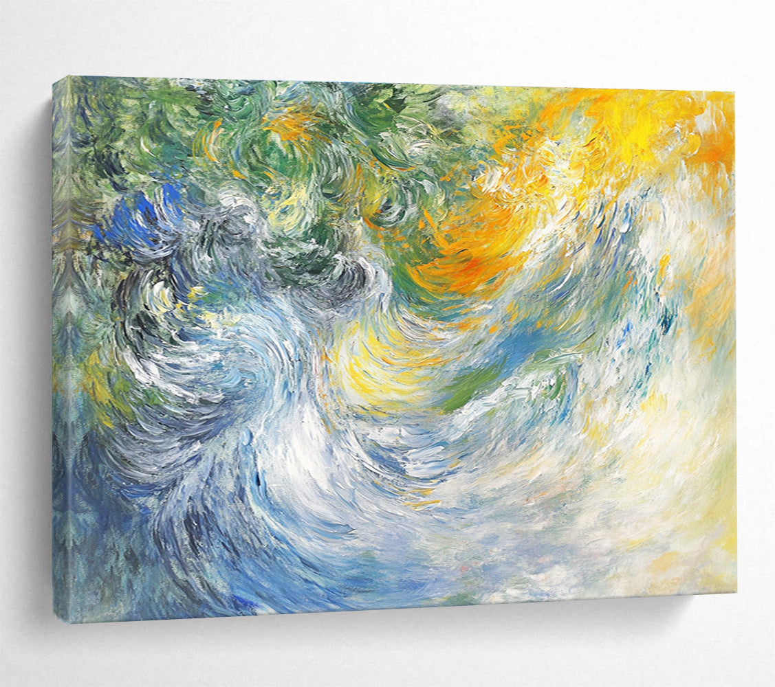 A large abstract painting of white water waves with expressive brush strokes soft colors and a dynamic interplay of light and movement.SC414