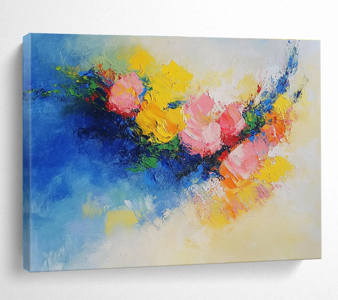 Large abstract painting of flowers in vibrant yellow, blue, and pink featuring textured palette knife techniques. Perfect for modern decor.SC190
