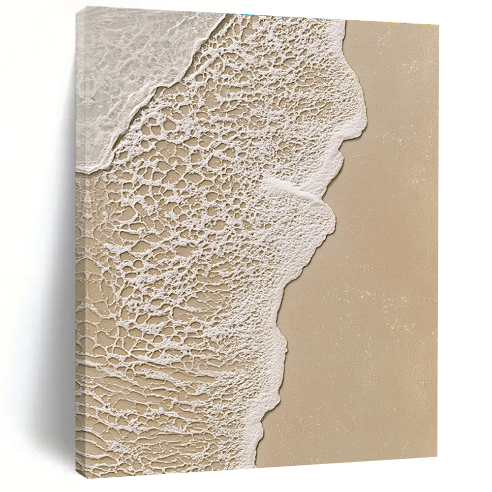 Abstract painting of a serene beach scene highlighting intricate textures of sand and water in soothing beige and white tones.STSC953