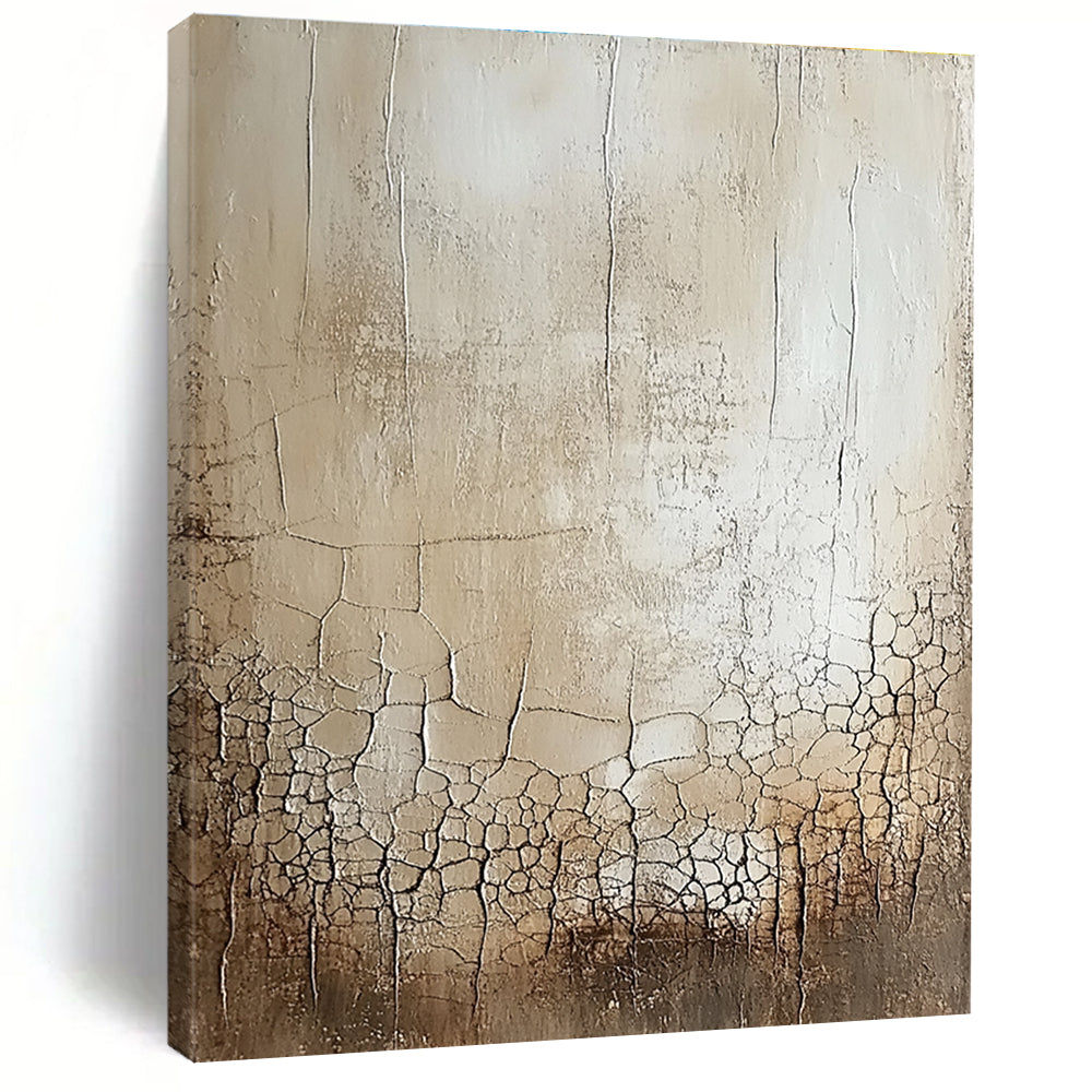 Large abstract painting featuring a blank canvas with a delicate white glaze showcasing random cracks and swirls in beige and gray shades.STSC292