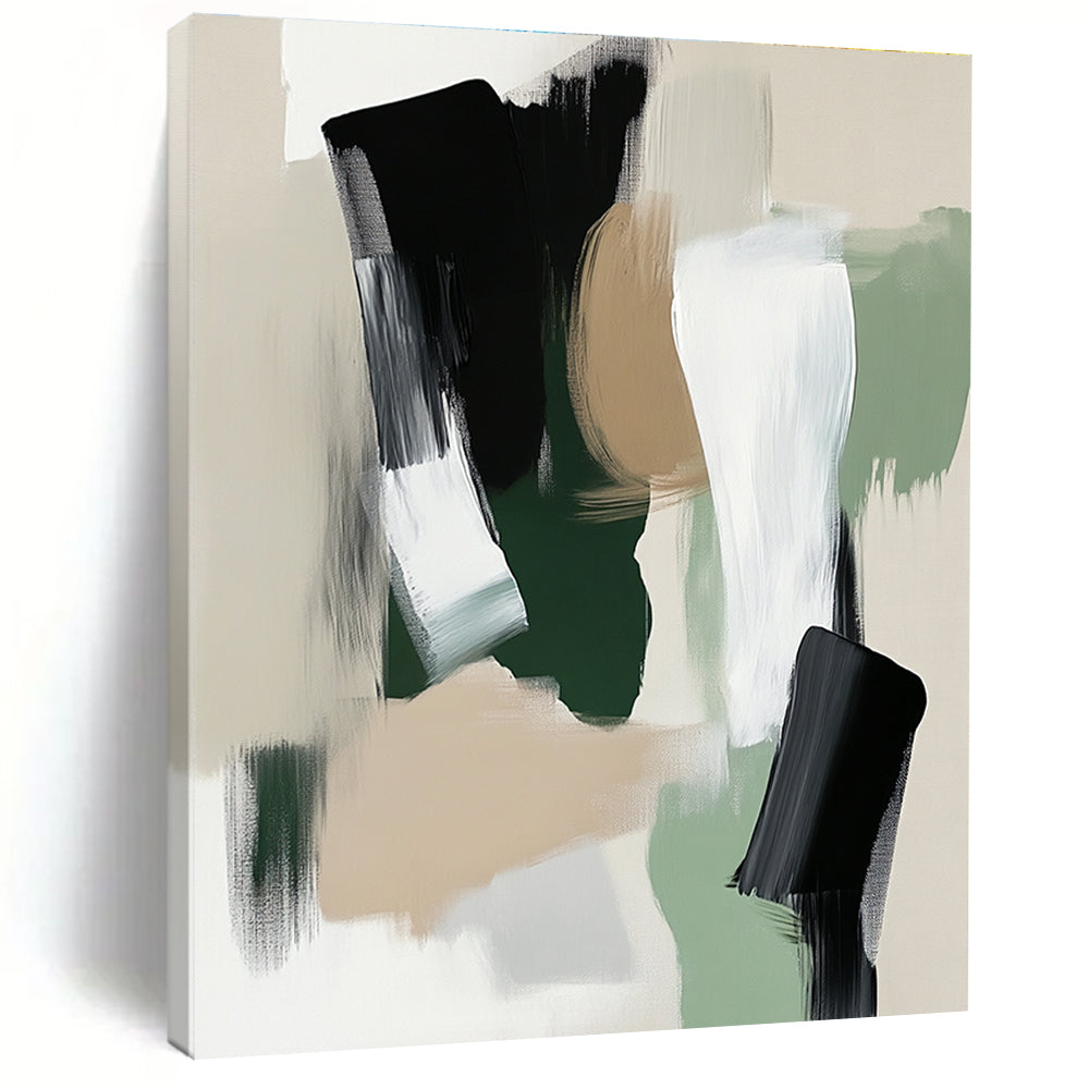 Large abstract painting featuring sage green white and black tones with soft edges and minimalistic brush strokes in a modern art style.STSC791