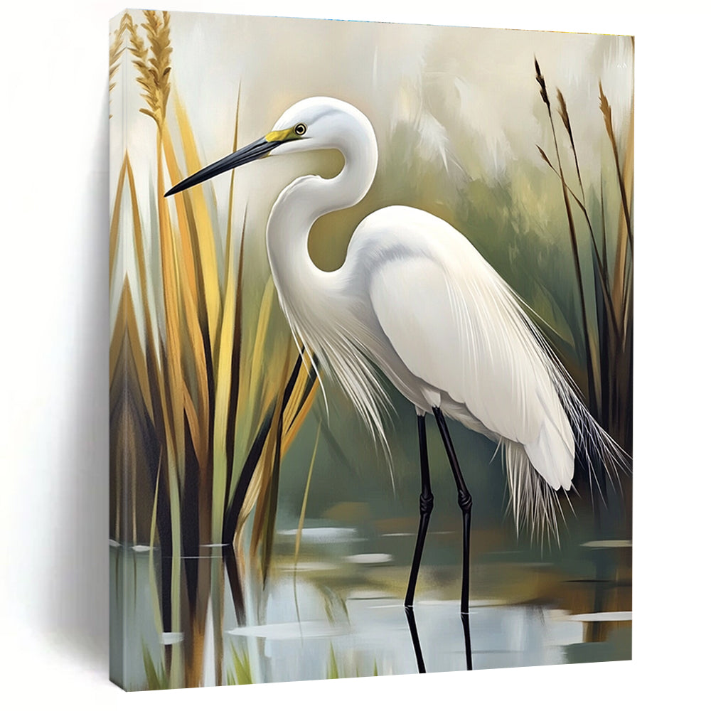 Abstract painting of an egret in a serene marsh setting featuring soft feather textures and tranquil green and gray hues.STSC1293