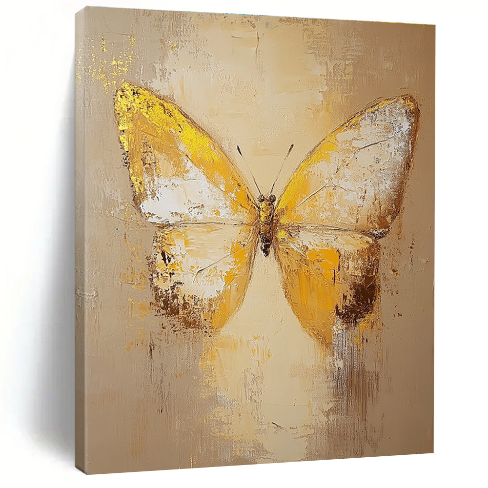 Large abstract butterfly painting in beige and yellow tones with textured old canvas and gold elements, capturing a love for nature and artistic expression.STSC1028