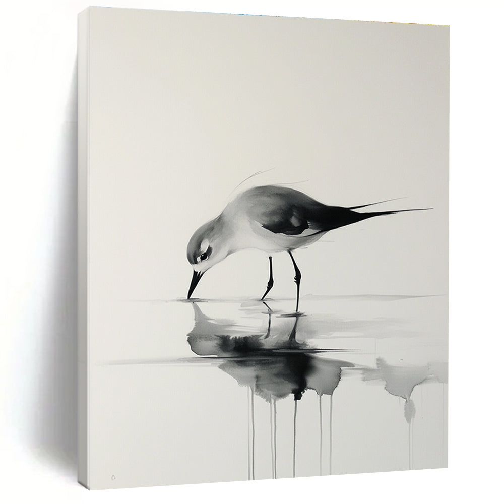 A large abstract painting featuring a bird walking on water with delicate brushstrokes in black and gray tones against a white background.STSC906