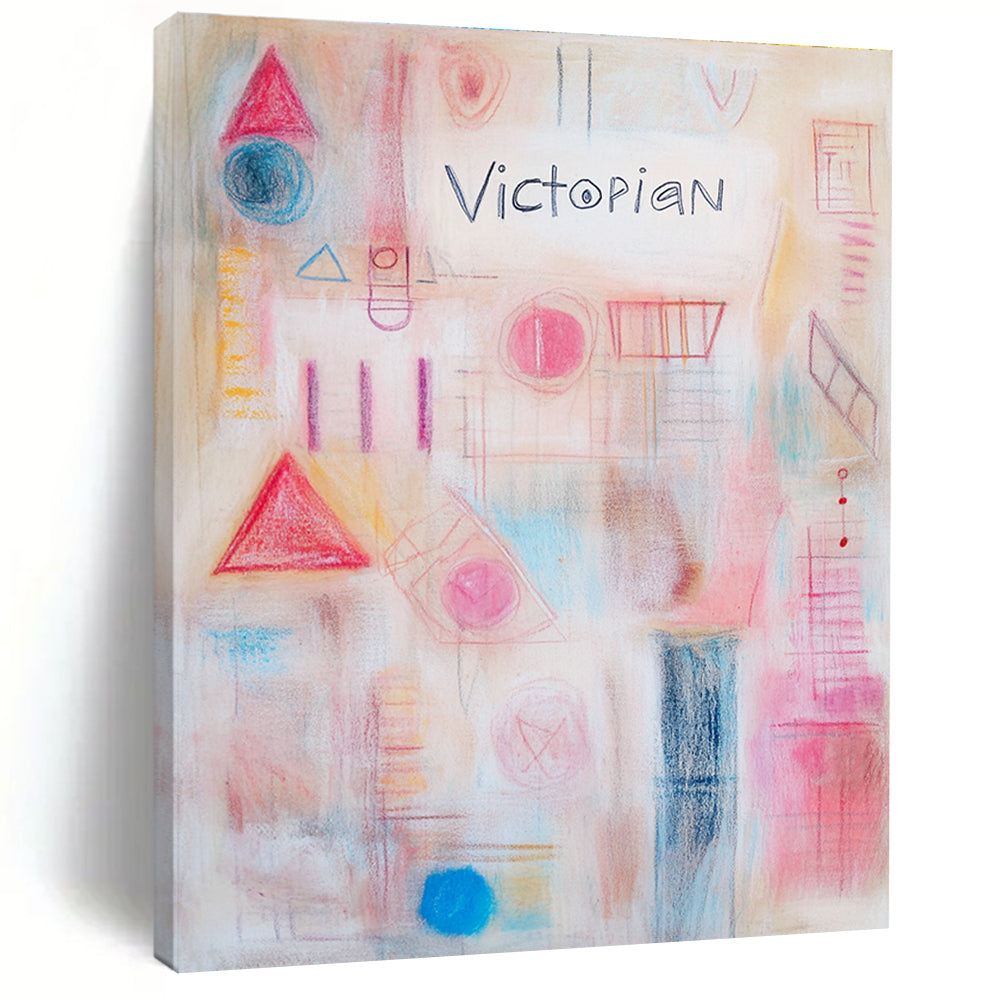 Large abstract artwork featuring soft pastel colors geometric shapes and delicate white text reading Victorian in a harmonious collage.STSC1204