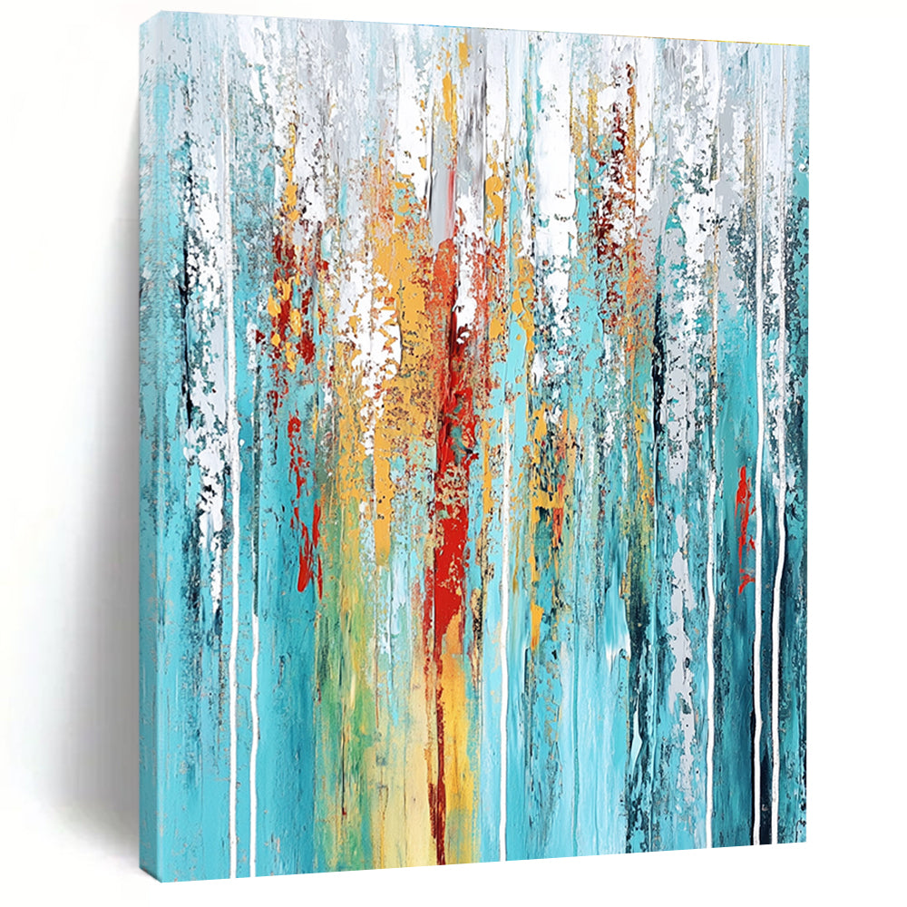 Large abstract painting featuring textured layers in teal aqua blue white gray red yellow green with dynamic streaks and vertical lines.STSC374