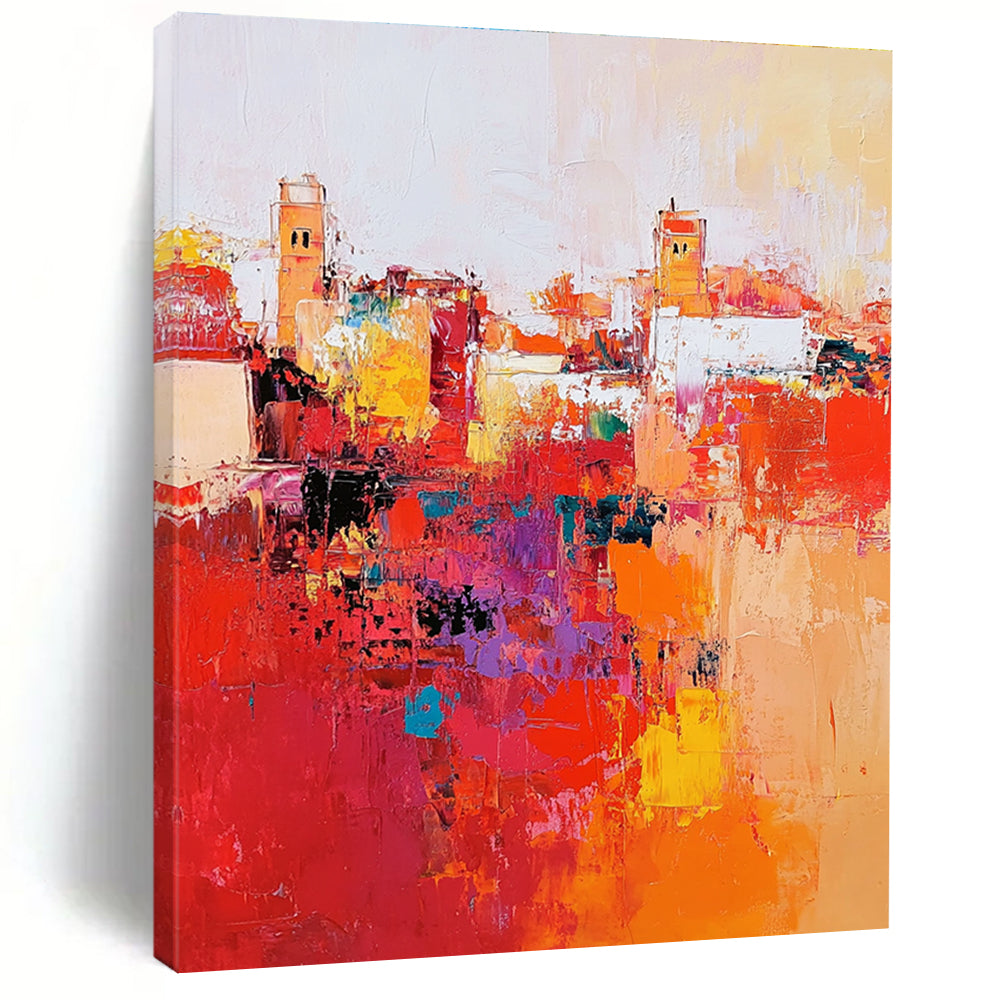 Large abstract painting depicting Marrakech cityscape with vibrant reds and oranges thick brush strokes and dynamic composition creating atmospheric lighting.STSC556